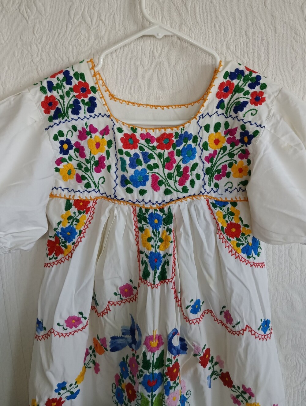 Vintage Hand Embroidered Mexican Dress Traditional Puebla Colorful Maxi Red Blue - Picture 3 of 14